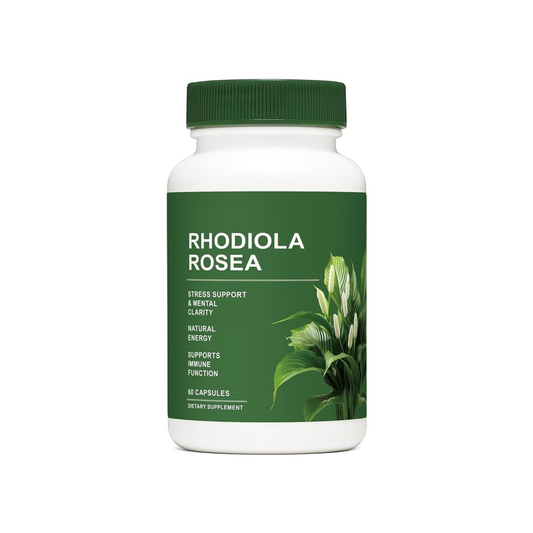 Rhodiola Rosea™ Cápsulas para enfoque mental reduce estrés mejora productividad diaria extracto vegetal sin cafeína ni estimulantes fuertes.