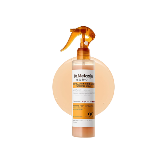 PeelShot™ Spray renovador corporal reduce manchas y asperezas piel clara y uniforme progresivamente con cúrcuma antioxidante sin irritación fuerte.